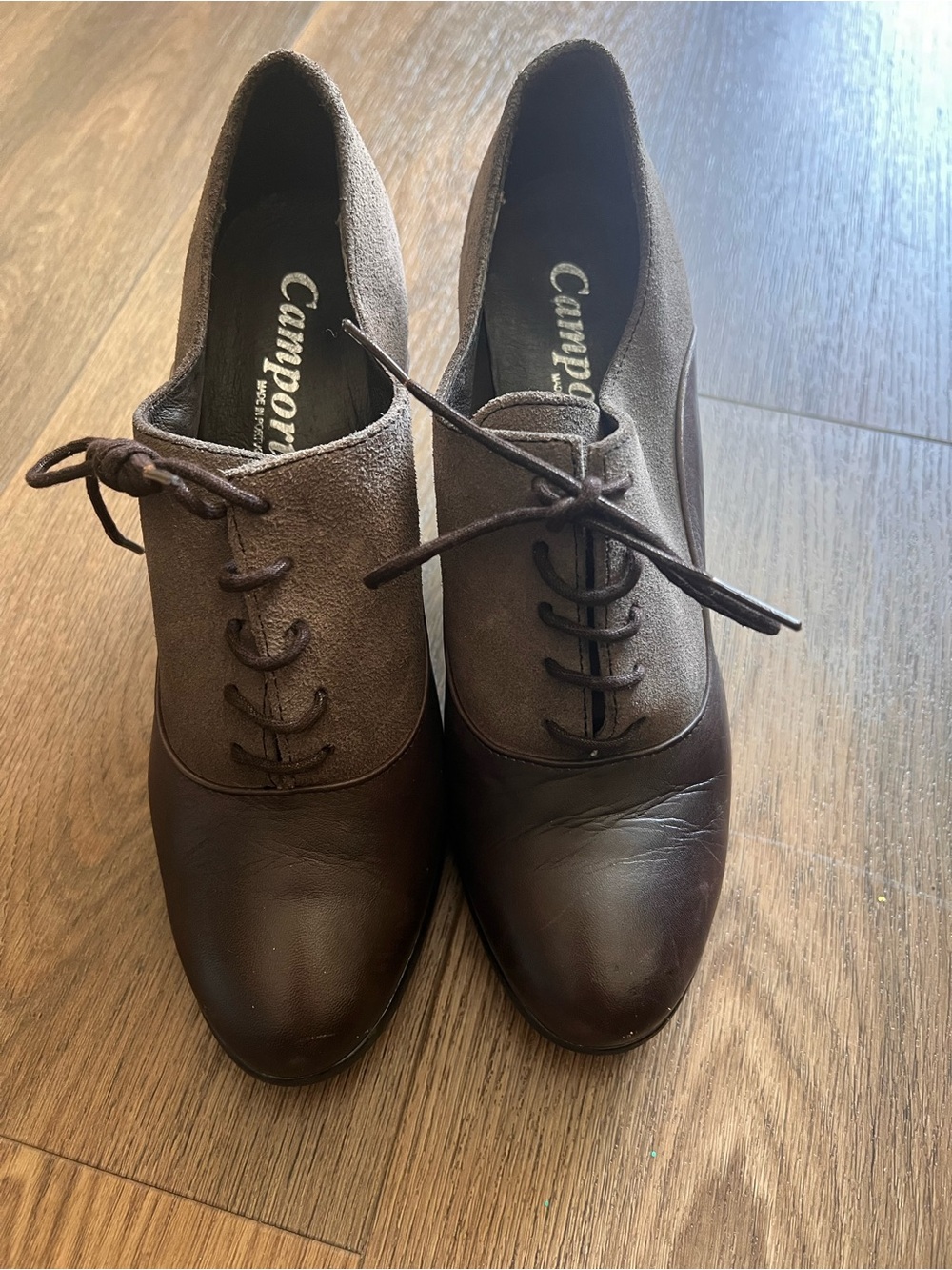 Real leather Brown Two-Tone Lace-Up Women's Heels. Portuguese brand,